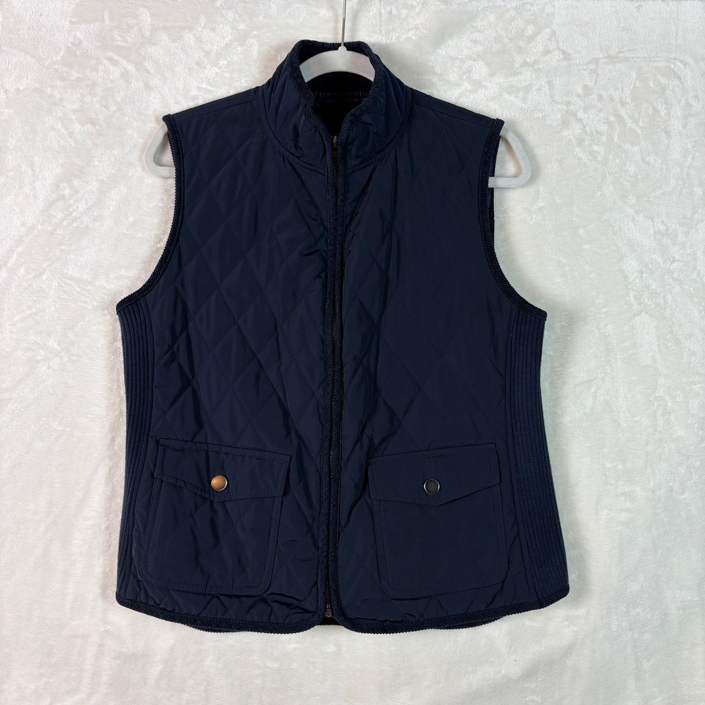 Talbots Quilted Puffer Vest Womens Medium Navy Blue Ribbed Knit‎ Side Panels